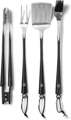 Schmidt Brothers - BBQ Carbon 6, 4-Piece Grilling Accessory Set, Full-Forged Stainless Steel Grilling Utensils Including Spatula, Fork, Basting Brush, and Tongs with All Wood Handles