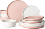 Famiware Milkyway Plates and Bowls Sets, 12 Pieces Dinnerware Sets, Reactive Glaze Dish Set, Stoneware Dishes Set for 4, Matte White & Light Pink
