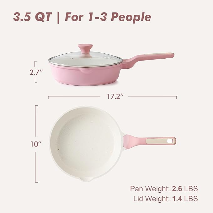 SENSARTE Nonstick Ceramic Skillet with Lid 10-inch, 3.5QT Non Toxic Deep Frying Pan, Saute Pan with Lid, Stay-cool Handle, Healthy Cooking Pot, Induction Compatible, Pink