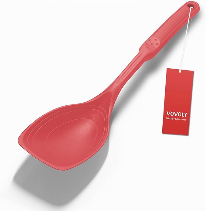Large Silicone Cooking Spoon, Non-Stick Solid Spoon set with Deep Bolw and Measurement Mark for Mixing, Serving, Draining, Scooping, Scraping, Heat Resistant Kitchen Utensils, Red