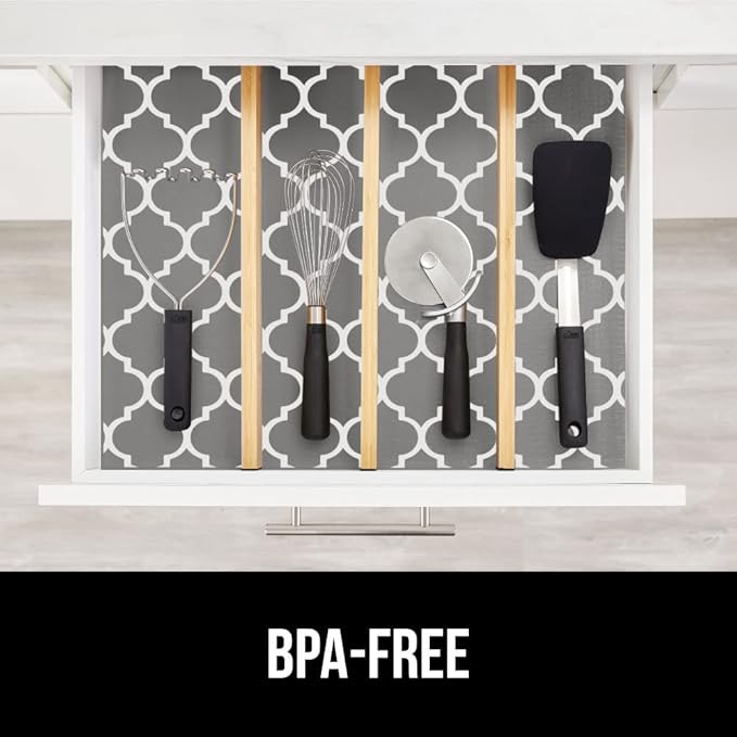 GORILLA GRIP DripGuard Drawer and Shelf Liner for Cabinet, 24x240 Inch, Slip Resistant Non Adhesive Protection for Kitchen, BPA Free Smooth Surface Plastic Liners for Cabinets, Drawers, White Gray