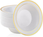 JOLLY PARTY 100PCS Plastic Bowls with Gold Rim-12oz disposable Soup Bowls, Christmas Thanksgiving Premium Dessert Salad Bowls for Wedding/Party