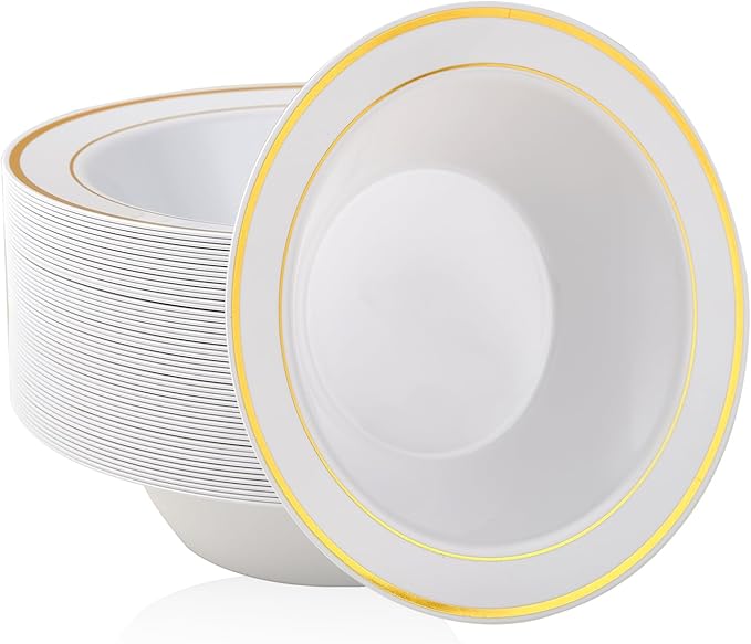 JOLLY PARTY 100PCS Plastic Bowls with Gold Rim-12oz disposable Soup Bowls, Christmas Thanksgiving Premium Dessert Salad Bowls for Wedding/Party