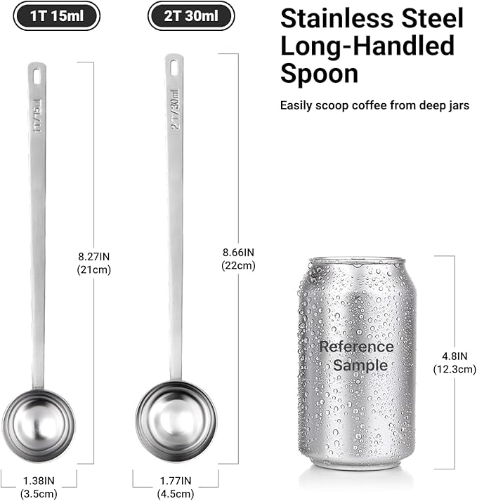2PCS Coffee Scoop Set,1 Tbsp (15ml) & 2 Tbsp (30ml) Coffee Measuring Spoons,for measuring ground coffee, protein powder, tea,Silver long-handled measuring spoon,for deep jars,coffee bags.