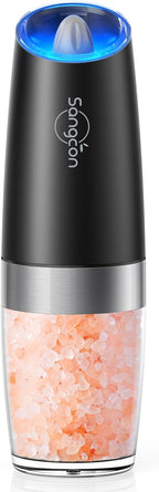 Sangcon Gravity Electric Pepper and Salt Grinder Mill Automatic Shaker Grinder with LED Light, Battery Powered Adjustable Coarseness One Hand Operation, Upgraded Larger Capacity, 1pc