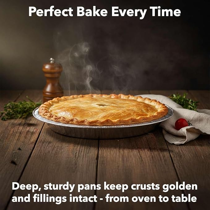 125-Pack 9 5/8" Foil Pie Pans - Deep 1 3/16" Disposable Aluminum Pie & Tart Pans with Full Curl Rim - For Commercial Baking, Batch Cooking, Freezer Storage & Retail Packaging