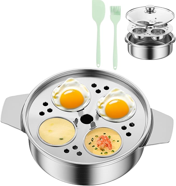 Egg Poacher Pan, Poached Egg Pan Stainless Steel Egg Pan with 4 Cups Egg Cooker Poached Egg Maker for Kitchen (without coating,with Oil Brush and Spatula)