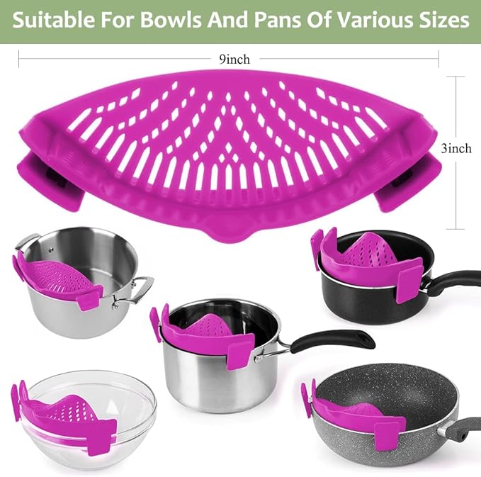YEVIOR Clip on Strainer for Pots Pan Pasta,Silicone Food Strainer Hands-Free Pan Strainer, Clip-on Kitchen Food Strainer for Spaghetti, Pasta, Ground Beef Fits All Bowls and Pots (Purple)