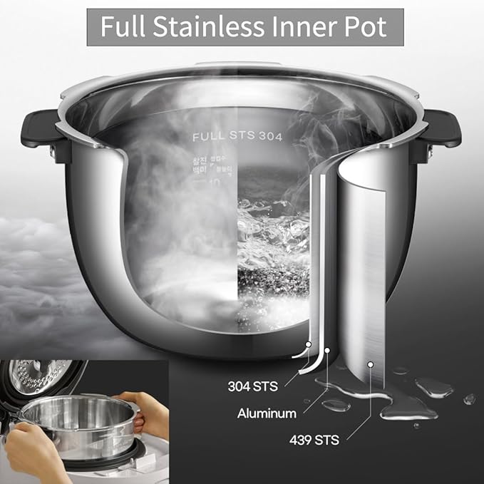 CRH-TWS1010PWUS, Full Stainless Inner Pot, Induction Heating Dual Pressure Rice Cooker,10 Person, 10-cup, 2.28 Quarts (uncooked), 20-cup, 4.56 Quarts (cooked), Dual Pressure Low and Hi, Auto Steam Clean, Slow Cooker, Steam Cooker