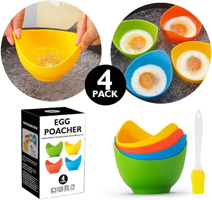 Mikim Silicone Egg Poacher Cups with Ring Standers, Nonstick Egg Poaching Cup for Stovetop Air Fryer Cooking, BPA Free, 4 Pack with Extra Oil Brush