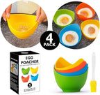 Mikim Silicone Egg Poacher Cups with Ring Standers, Nonstick Egg Poaching Cup for Stovetop Air Fryer Cooking, BPA Free, 4 Pack with Extra Oil Brush