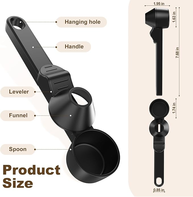 Coffee Scoop & Funnel for Reusable K Cup Refillable Coffee Pods,Mess-Free Measuring Spoon 2 TBSP Capacity for Ground Coffee, Protein Powder & Tea, Funnel Design without Spilling(1, Black)
