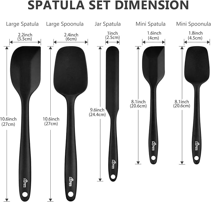 HOTEC 600℉ Heat Resistant BPA-Free Silicone Rubber Spatula Set,Kitchen Cooking Spatulas, Baking, Mixing for Non Stick Cookware, Dishwasher Safe, Black Set of 5