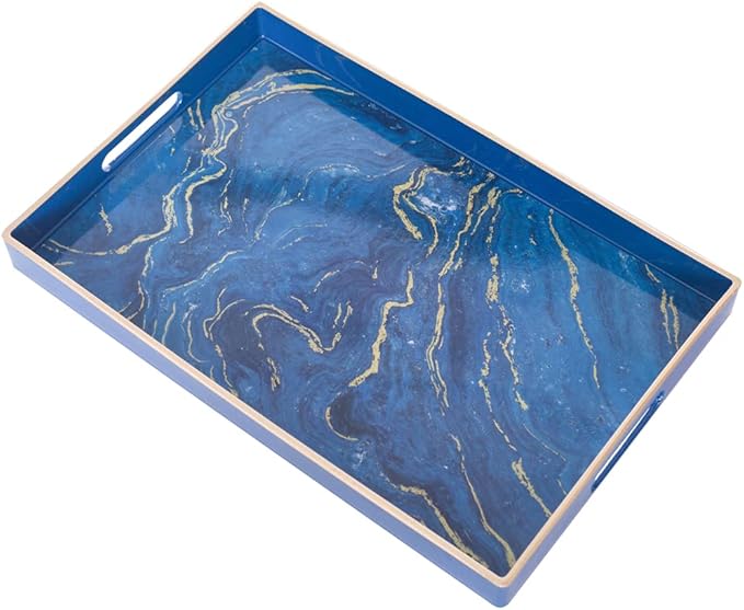 MAONAME Decorative Tray, Plastic Marbling Tray with Handles, Rectangular Coffee Table Trays and Serving Trays for Ottoman, Bathroom, 15.7” x 10.2”, Blue