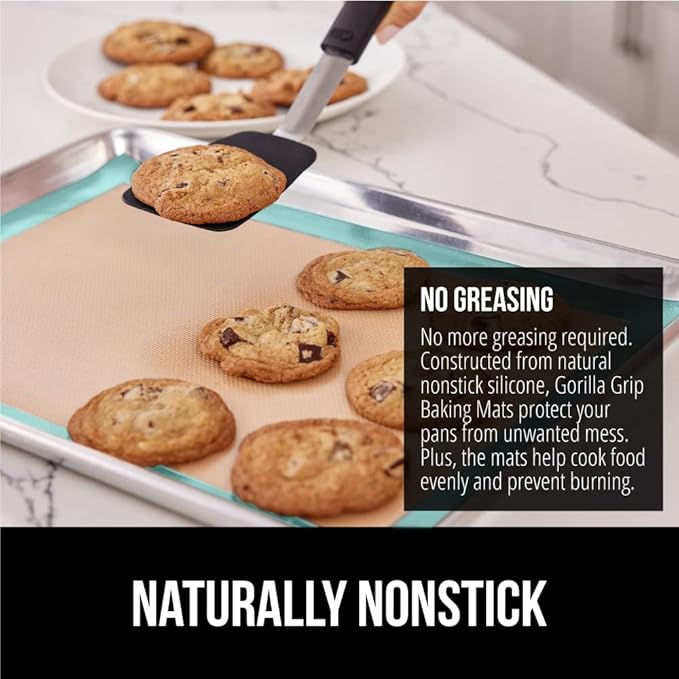 GORILLA GRIP Reusable Nonstick Silicone Baking Mat, 2 Pack, 20.5x14.62, BPA-Free Oven Safe Food Liner, For Cookie Sheets, No Mess Easy Clean Pastry Mats, Kitchen Essential, 2/3 Sheet Size, Mint