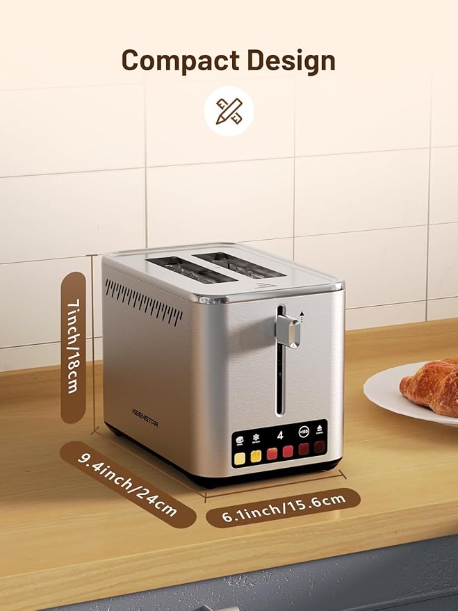 Touch Screen 2-Slice Toaster with 6 Browning Levels, Bagel, Defrost & Timer, Wide 1.5" Slots, Removable Crumb Tray, 900W Stainless Steel Smart Toaster for Bagels, Breads & Waffles