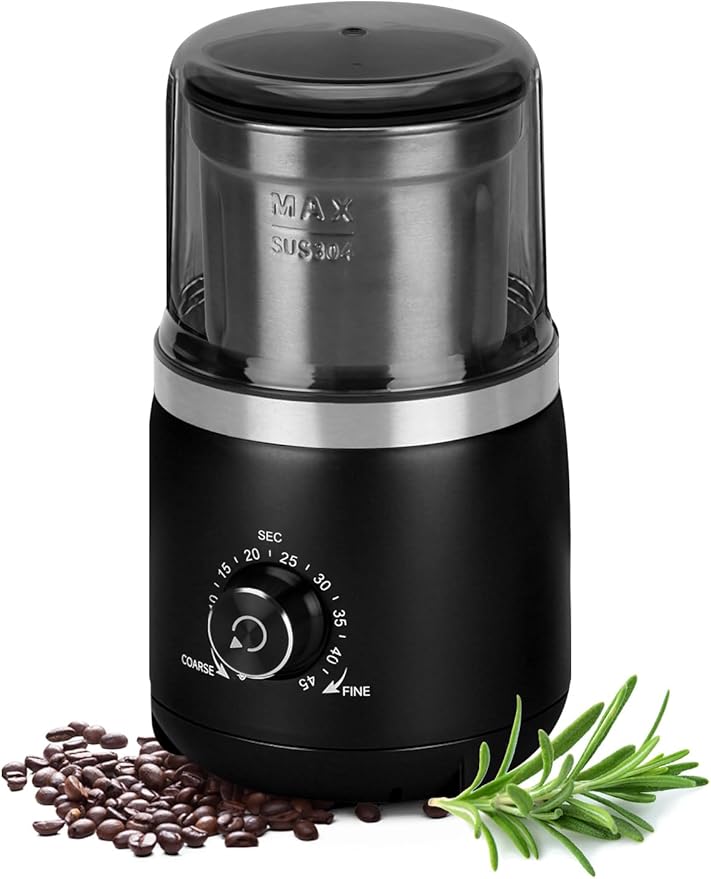 Electric Coffee Grinder with Silent Grinding Blades & Timer Knob to Adjustable Coarse to Fine, Espresso Grinder with Removable Stainless Steel Bowl for Coffee Bean, Herb, Spices, Seeds (Black)