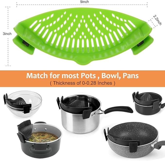 2 PACK Clip on Strainer for Pots Pan Pasta Strainer, Silicone Food Strainer Hands-Free Pan Strainer, Clip-on Kitchen trainer for Spaghetti, Pasta, Ground Beef Fits All Bowls and Pots