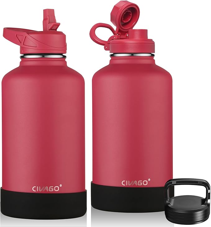 CIVAGO 64 oz Insulated Water Bottle With Straw, Half Gallon Stainless Steel Sports Water Flask Jug with 3 Lids (Straw, Spout and Handle Lid), Large Metal Thermal Cup Mug, Classic Red