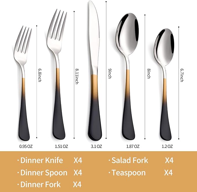 20-Piece Black Gold Silverware Set 18/0 Stainless Steel Silverware Set Black Gold Handle Cutlery Set Service for 4 Dinner Knives Forks Spoons Set Flatware Set Finish Dishwasher Safe