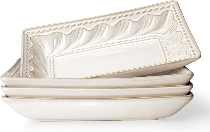 Artena Ceramic 8.25 Inch Rectangle Salad Plates Set of 4 - Deep Plates for Appetizer, Dessert, Dinner, Sushi, Snack, Pasta, Serving - Microwave Safe with Embossed Rim Design (Willow Leaf)