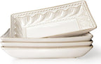 Artena Ceramic 8.25 Inch Rectangle Salad Plates Set of 4 - Deep Plates for Appetizer, Dessert, Dinner, Sushi, Snack, Pasta, Serving - Microwave Safe with Embossed Rim Design (Willow Leaf)