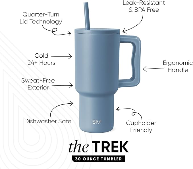 Simple Modern 30 oz Trek Tumbler with Handle and Straw Lid | Cup Holder Friendly Insulated Stainless Steel Travel Mug | Blue Dune
