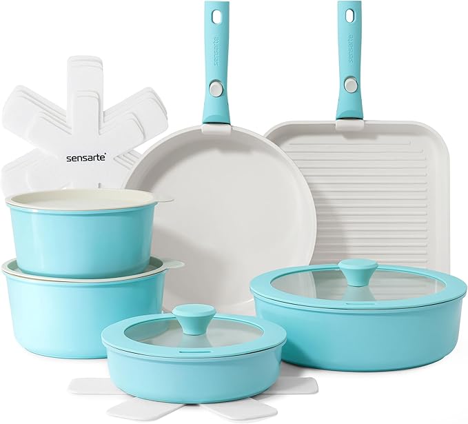 SENSARTE 17 Piece Ceramic Pots and Pans Set, Nonstick Detachable Handle Cookware, Induction Kitchen Cookware Set with Removable Handle, Dishwasher ＆ Oven Safe (Turquoise)