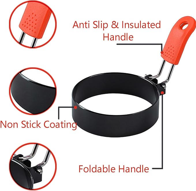 Stainless Steel Pancake Omelet Egg Ring Set, 4/6/8 Inch Round Egg Cooker Rings, Non-Stick, Foldable Handle, Dishwasher Safe
