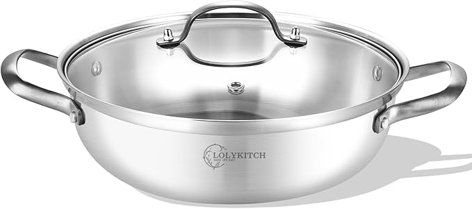 LOLYKITCH 13 Inch Tri-Ply Stainless Steel Sauté Pan with Lid,Everyday Pan,Kadhai,Jumbo Cooker,5 QT Induction Cooking Pot,Dishwasher and Oven Safe