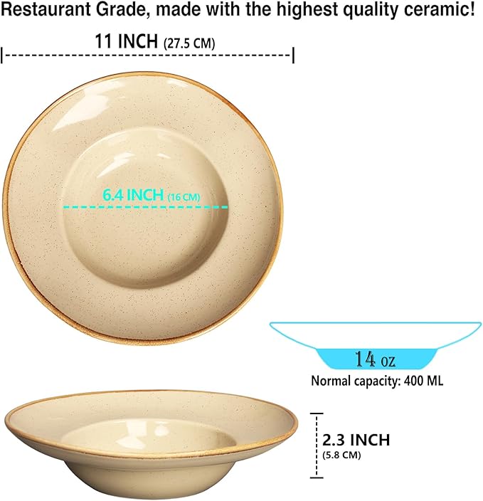 Pasta Plates with Rim 12 oz, Soup Bowl Pasta Bowl Set of 2, Shallow Bowl Plate, Ceramic Wide Rimmed Soup Bowl, Best choice for high-end restaurants, hotels, and foodies,11 Inch Beige