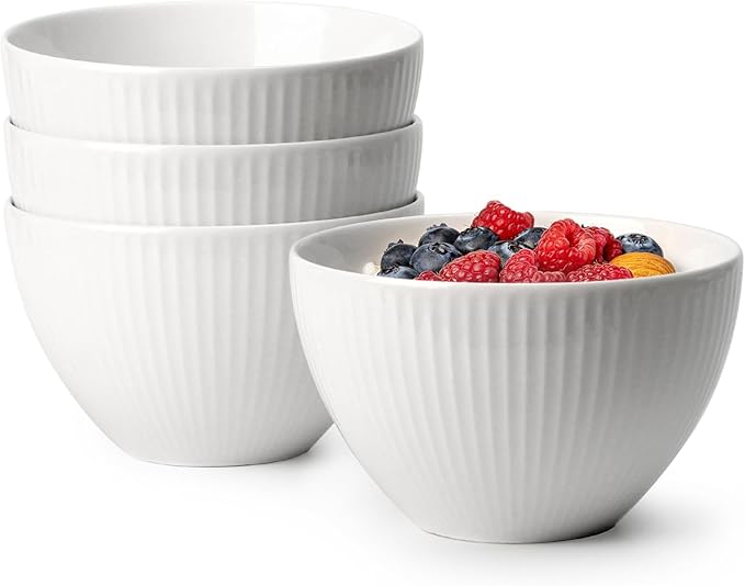 NUTRIUPS 5.5x3.5 in Soup Bowls, 25 oz Deep Cereal Bowl Set, Ceramic, Microwave Safe Bowl, Set of 4 White Bowl for Oatmeal Chili Salad