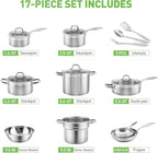 Duxtop Professional Stainless Steel Pots and Pans Set, 17PC Induction Cookware Set, Impact-bonded Technology