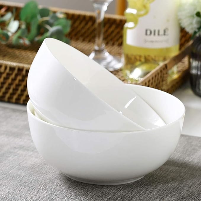 Houlu 55 oz Large Soup Bowl, 8 inch Ramen Bowl Set, Pho Bowls and Spoons Set of 3, Off White Porcelain Serving Bowls