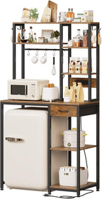 6-Tier Mini Fridge Stand with Power Outlet and Drawer, Freestanding Bakers Rack with Storage, Microwave Storage Shelf for Kitchen, Coffee Bar Organizer with Hooks (Rustic Brown)