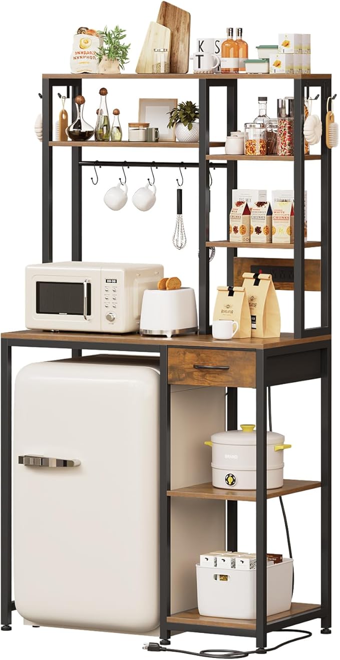 6-Tier Mini Fridge Stand with Power Outlet and Drawer, Freestanding Bakers Rack with Storage, Microwave Storage Shelf for Kitchen, Coffee Bar Organizer with Hooks (Rustic Brown)