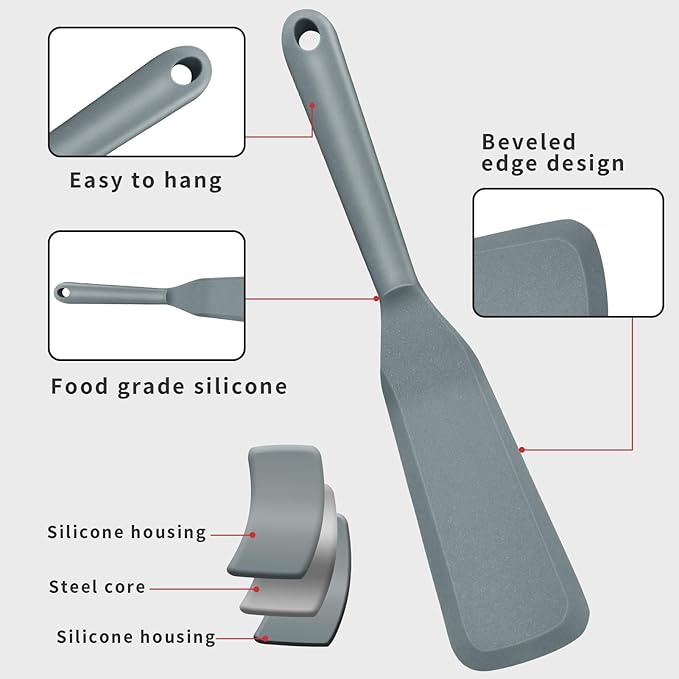 Dioycli Silicone Spatulas for Cooking Heat Resistant Pancake Spatula, Non Stick Long Omelette Spatula Turner Bpa Free 2 Pieces for Crepes Egg Burgers Pizza Cookie（Grey）