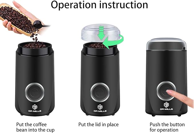 DR MILLS DM-7441 Coffee Grinder Electric, Coffee Bean and Dried Spice Grinder, One Touch Operation, Blade and cup made with SUS304 stainless steel (Black)
