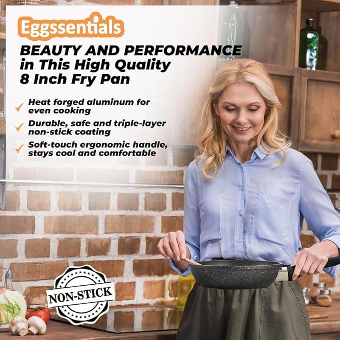 Eggssentials 2 IN 1 Egg Pan & Egg Poacher Pan, Granite Nonstick Fry Pan Poached Egg Maker and Frying Skillet with Lid, Poached Eggs Cooker Food Grade Safe PFOA Free with Spatula, Egg Cookware - 4 Cups
