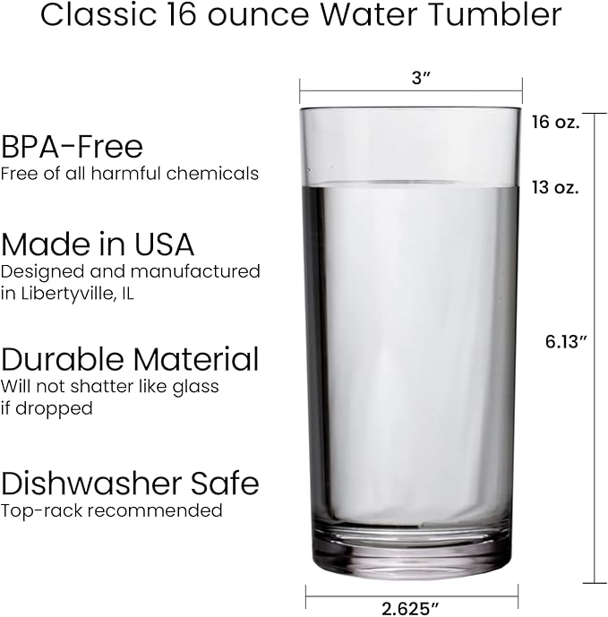 US Acrylic Classic Clear Plastic Reusable Drinking Glasses (Set of 6) 16oz Water Cups | BPA-Free Tumblers, Made in USA | Top-Rack Dishwasher Safe