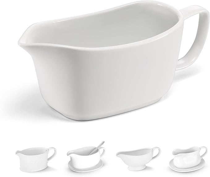 Kook Gravy Boat, Ceramic Serving Dish, Dispenser for Sauces, Dressings and Creamer, Large Handle, Microwave and Dishwasher Safe, 14 oz, White