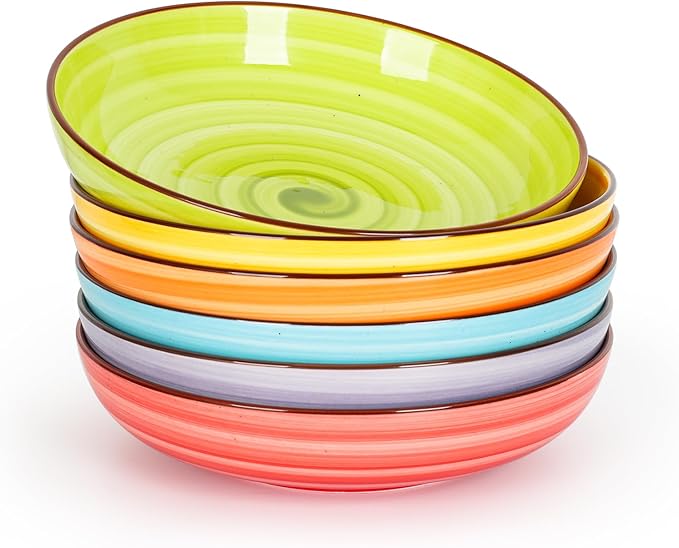 KitchenTour Pasta Bowls, Ceramic Salad Bowls Serving Bowl Set 26 oz, 8 Inch Colorful Porcelain Wide and Shallow Bowls Set - Dishwasher and Microwave Safe - Set of 6