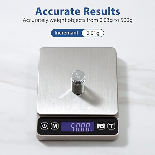 KitchenTour Digital Kitchen Scale - 500g/0.01g High Accuracy Precision Multifunction Food Meat Scale Jewelry Lab Carat Powder Scale with Back-Lit LCD Display(Batteries Included) Grey