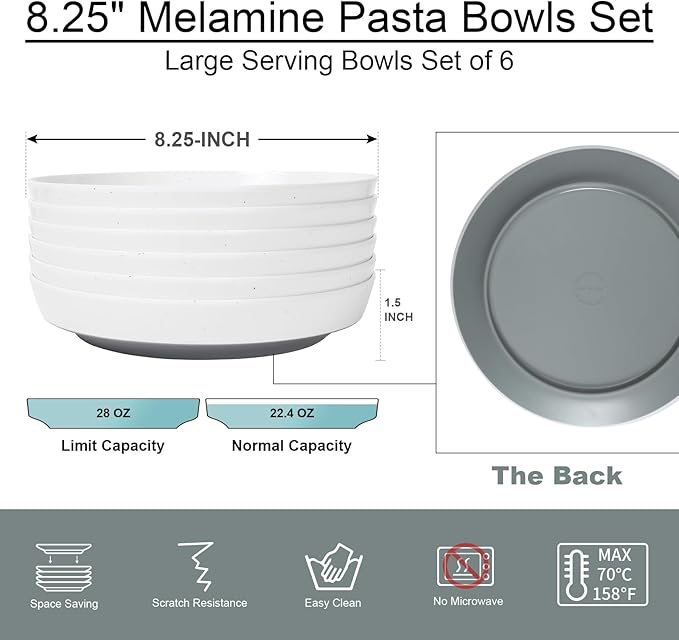 Webbylee 8.25" Melamine Pasta Bowls Set of 6-28oz Melamine Large Salad Bows，Durable Serving Bowls for Cereal, Fruit, Soup，Deep Enough for Kitchen and Dining White/Grey