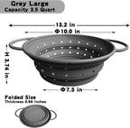 Collapsible Colander with Handle, Silicone Kitchen Colander for Easy Storage,Four-side Fast Draining Silicone Draining Basket, Perfect for Fruits Vegetables (Gray L)