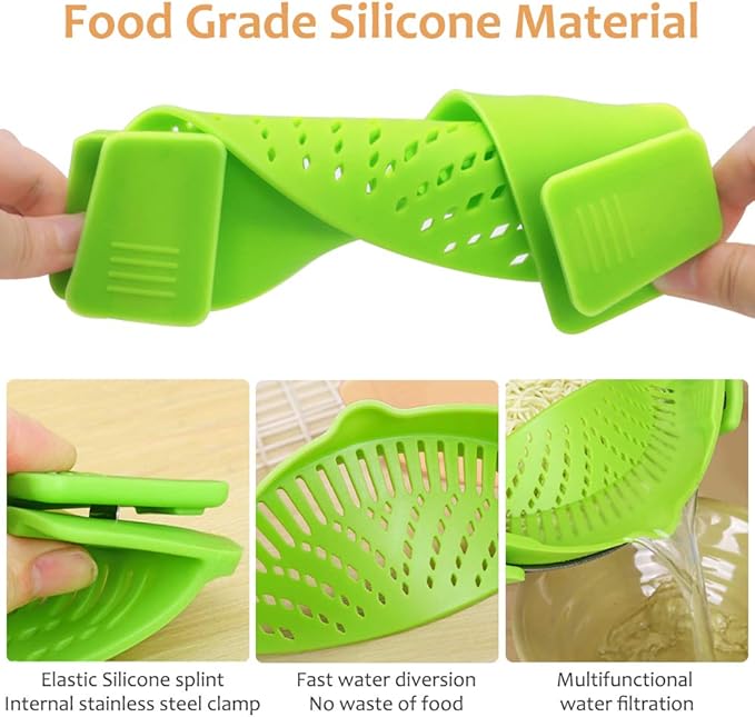 YEVIOR Clip on Strainer for All Pots Pan Pasta,Silicone Food Strainer Hands-Free Pan Strainer, Clip on Kitchen Gadgets Food Strainer for Spaghetti, Pasta, Ground Beef Fits All Bowls and Pots (Green)
