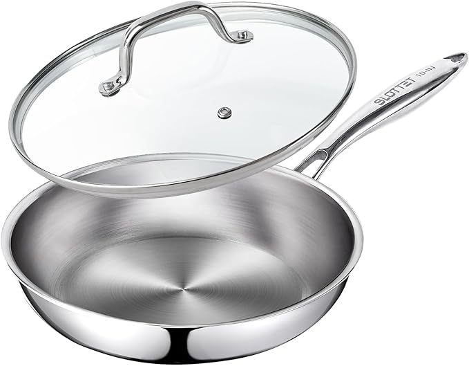 10 Inch Tri-Ply Stainless Steel Frying Pan with Lid,Whole-Clad No Coatings Skillet with Stay-cool Handle for Cooking,Dishwasher and Oven Safe,Induction Pans