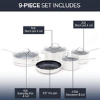 Nuwave Healthy Duralon Blue Ceramic Nonstick Coated 9pc Cookware Set, Scratch-Resistant Diamond Infused, PFAS Free, Induction Ready & Evenly Heats, Oven Safe, Tempered Glass Lids