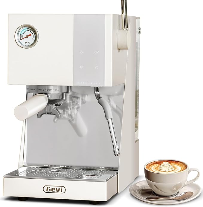 Gevi Espresso Machine with OPV, 20Bar Espresso Maker with Milk Frother Steam Wand, Dual Display, 58mm Portafilter, Stainless Steel Espresso Machines for Espresso/Latte/Cappuccino, White