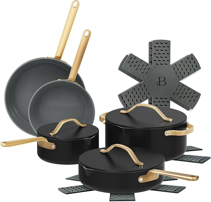 Beautiful 12pc Ceramic Non-Stick Cookware Set by Drew Barrymore, Pots & Pans with Lids, Dishwasher‑Safe,Soft‑Touch Handles, Even‑Heat Base.